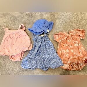 Three-Piece Baby Dress Set with Sun Hat - Pink, Blue, Rust